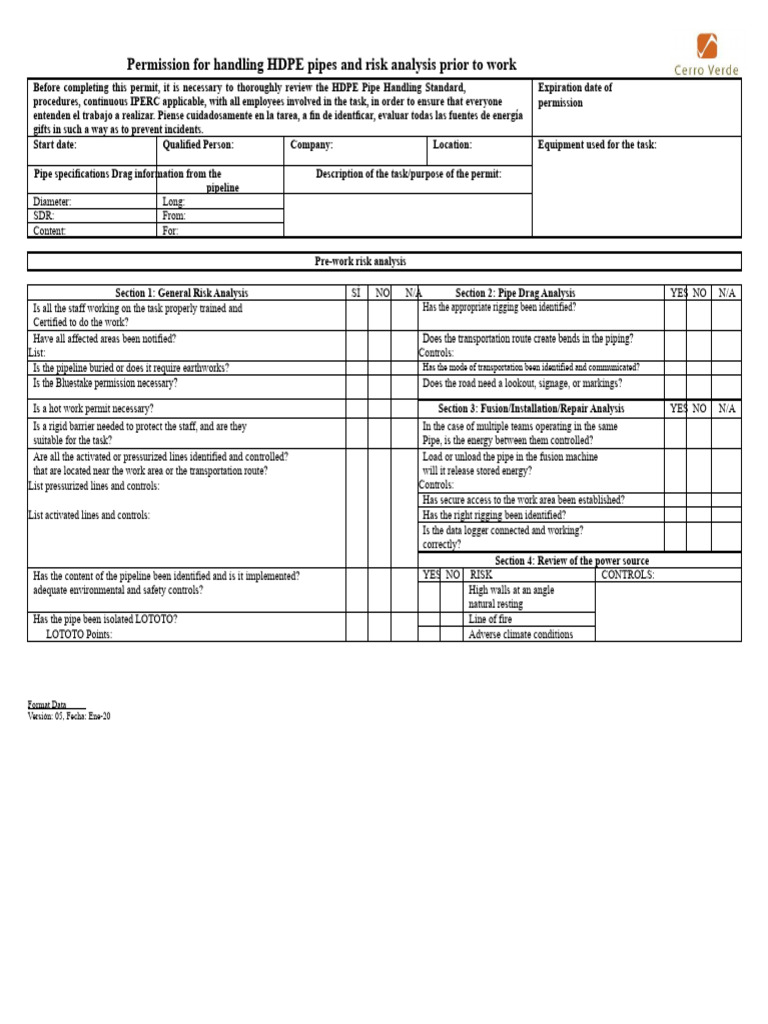 Format 01 HDPE Pipe Handling Permit - v5 | PDF | Pipe (Fluid Conveyance)