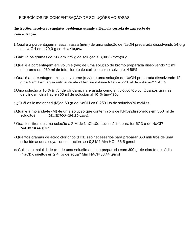 Exercícios de Concentração de Soluções | PDF