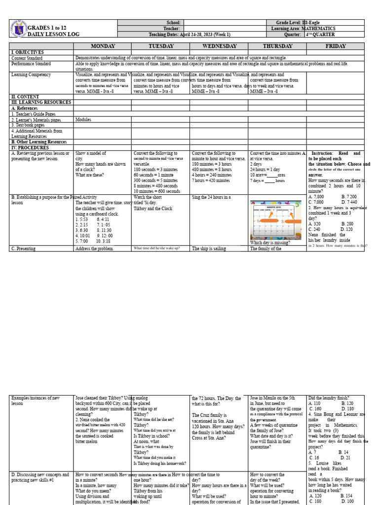 DLL Math 3 - Q4 - W1 | PDF | Learning | Behavior Modification