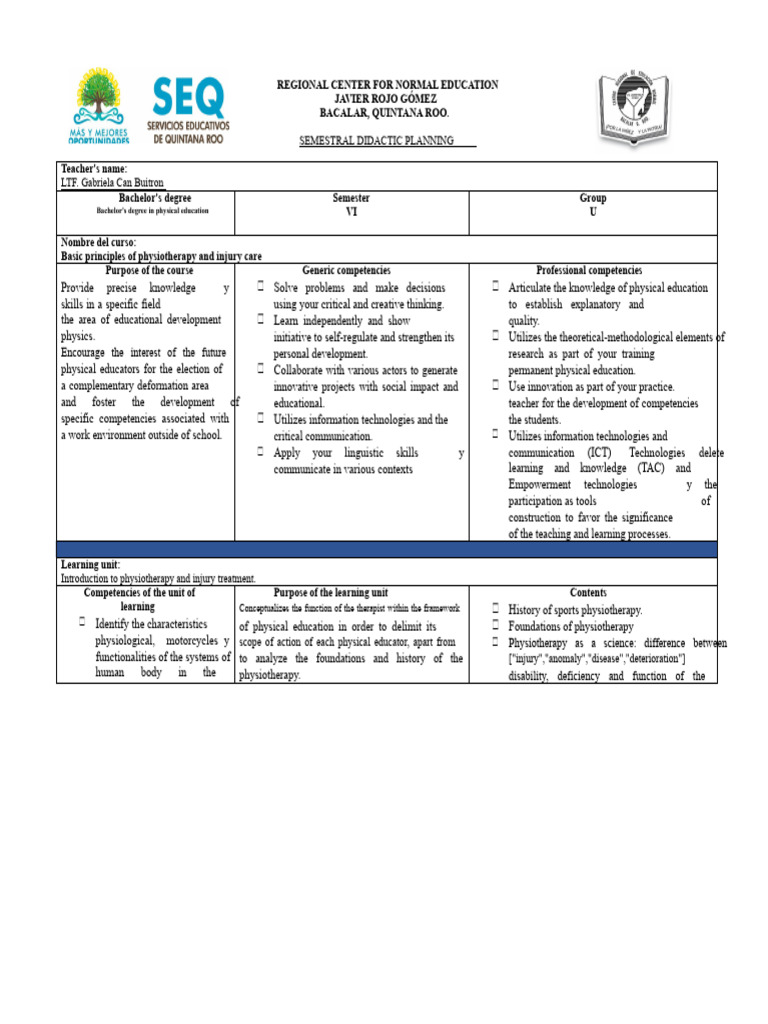 Semestral Planning for Physiotherapy Course | PDF | Physical Therapy ...