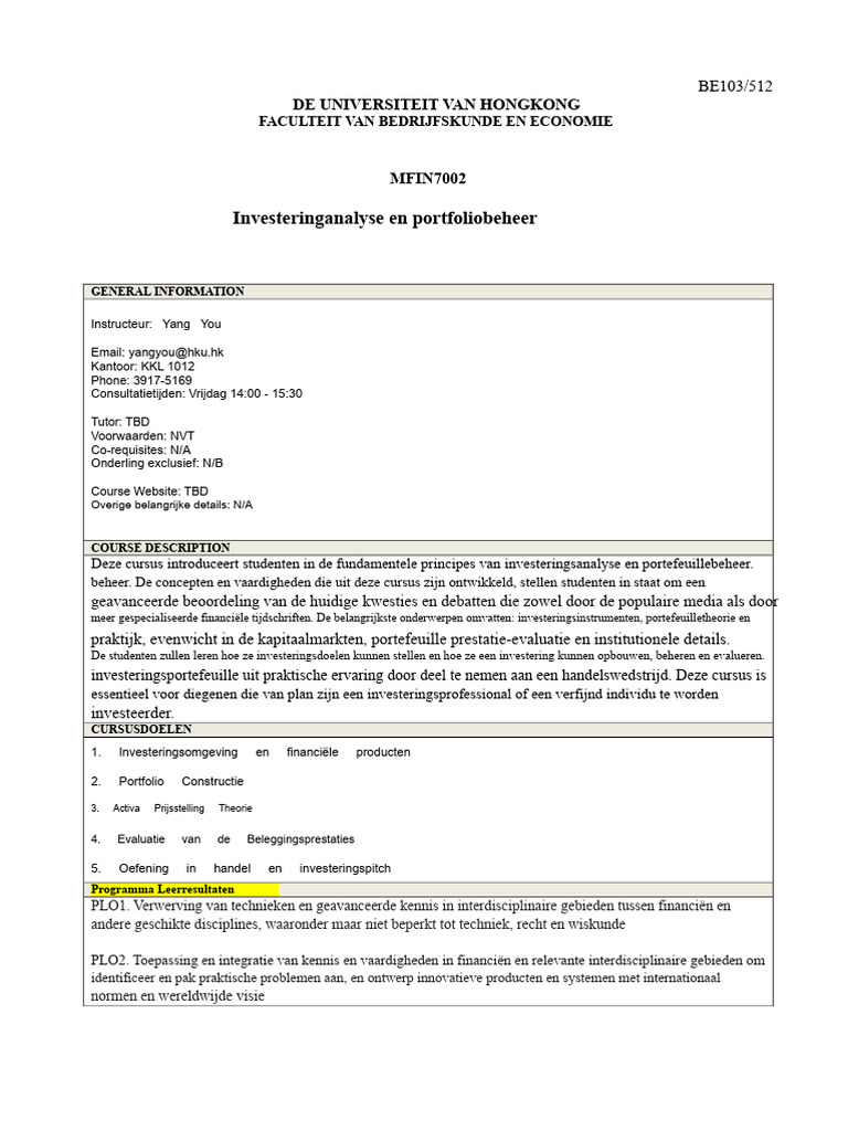 Mfin 7002 Beleggingsanalyse en Portefeuillebeheer | PDF