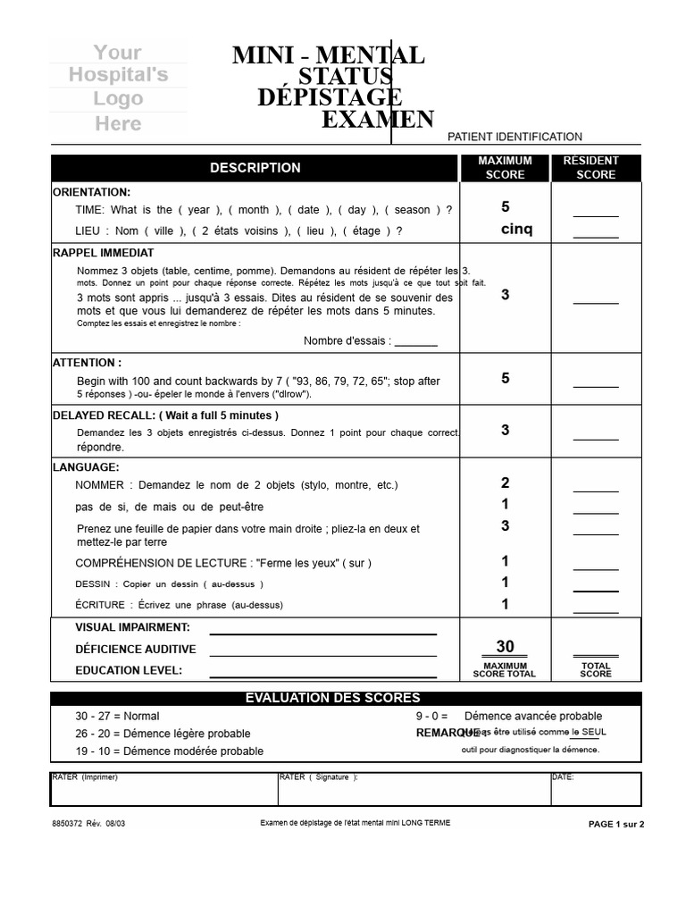 Évaluation Mini-Mental de Démence | PDF | Neuroscience | Sciences ...