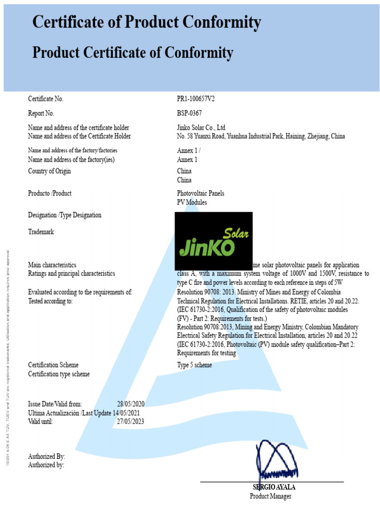 Jinko Solar Product Conformity Certificate | PDF | Photovoltaics ...