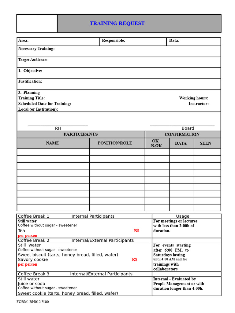 Form. RH012 V.00 Training Request | PDF | Western Cuisine | Foods