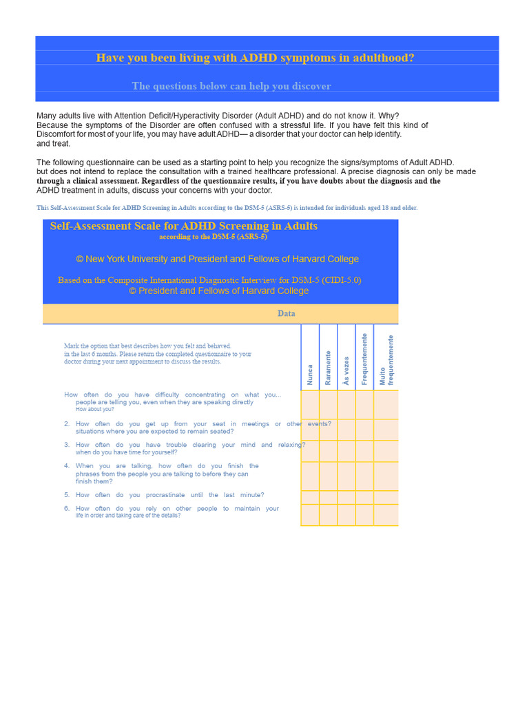Adult ADHD Self-Assessment Questionnaire | PDF | Attention Deficit ...