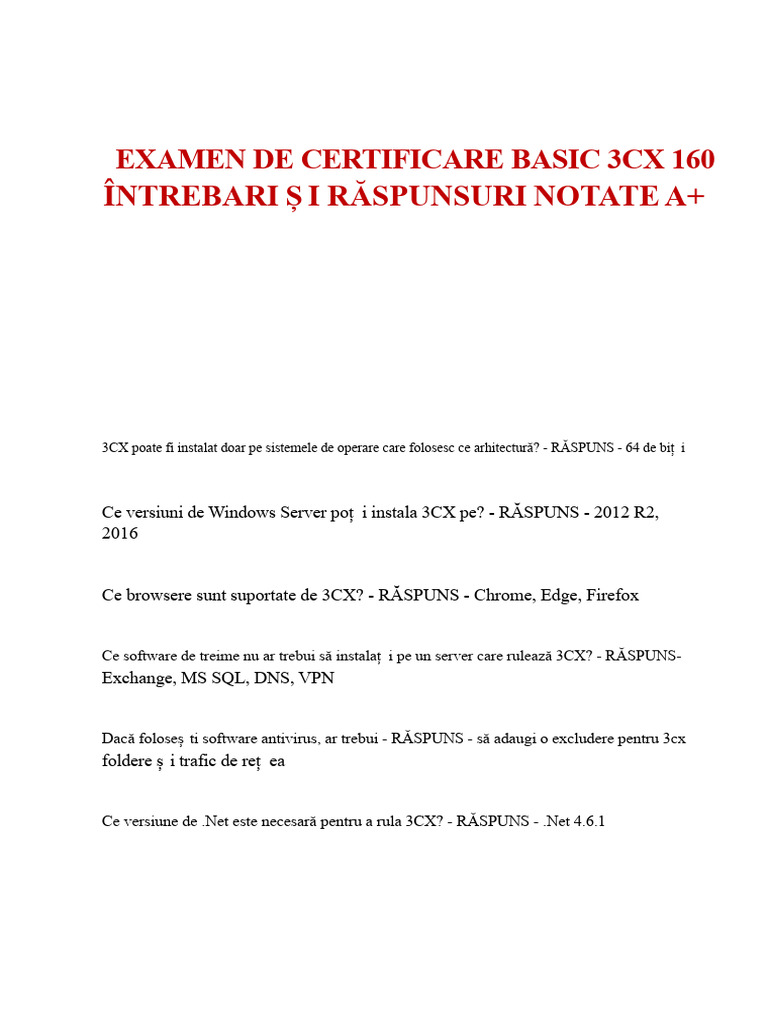 Examenul de Certificare 3CX Bazic 160 Întrebări Și Răspunsuri Notate A ...