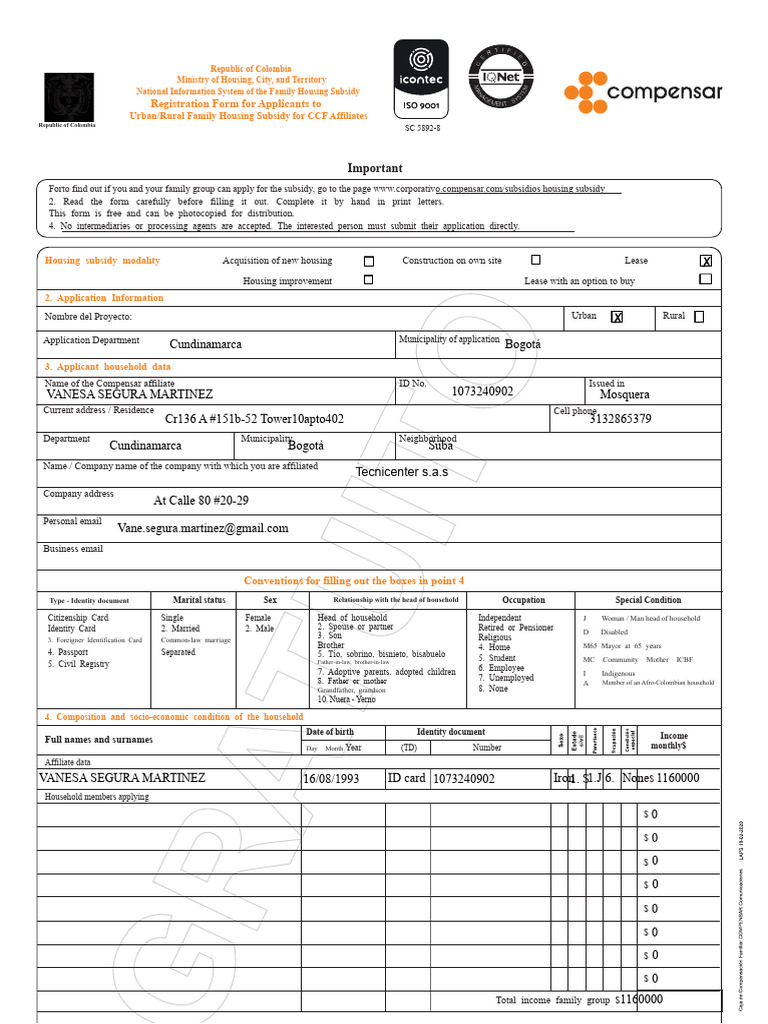 Colombia Family Housing Subsidy Form | PDF | Identity Document | Notary ...