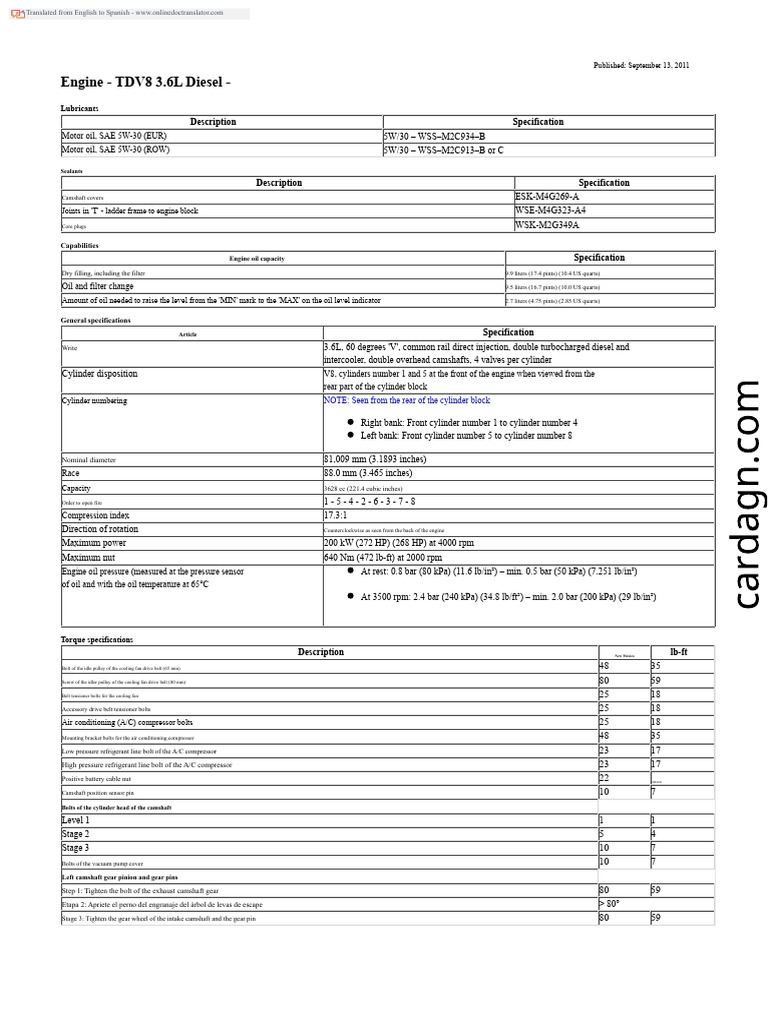 TDV8 3.6L Diesel Engine Specifications | PDF | Piston | Engines