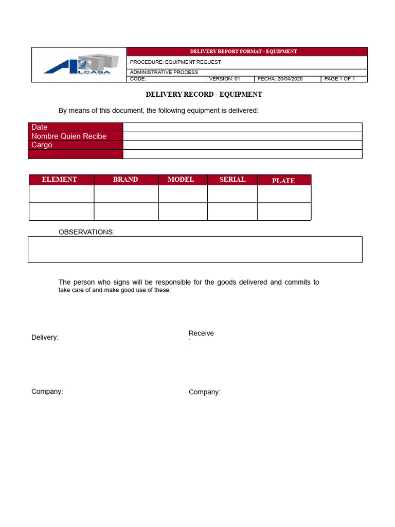 Equipment Delivery Report Template | PDF