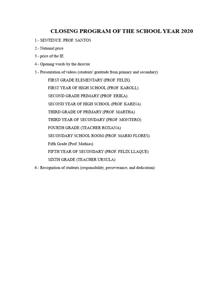 Closing Program of The 2020 School Year | PDF
