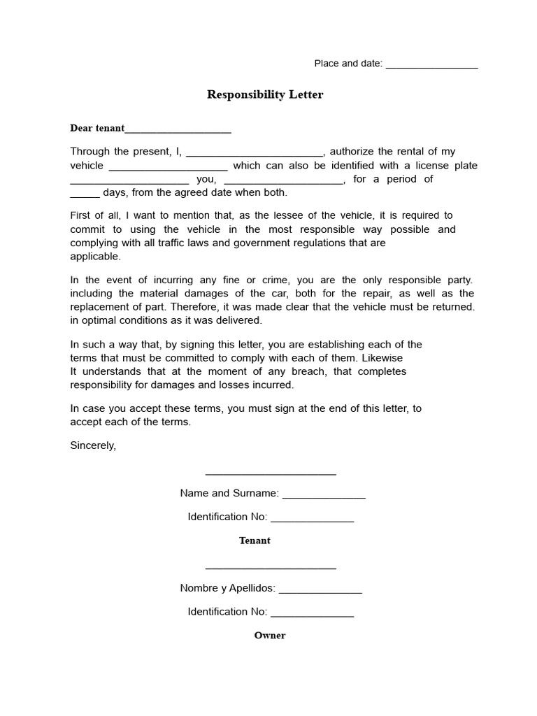 Liability Letter For Car Rental | PDF