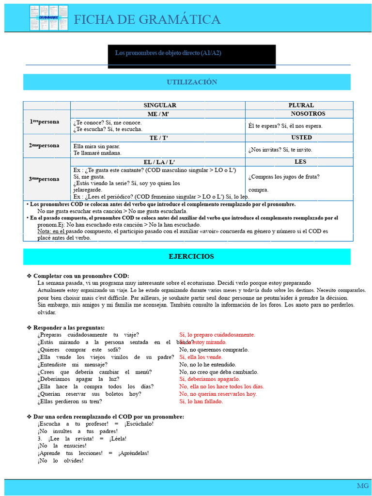 Pronombres de Objeto Directo en Español | PDF | Objeto (gramática ...