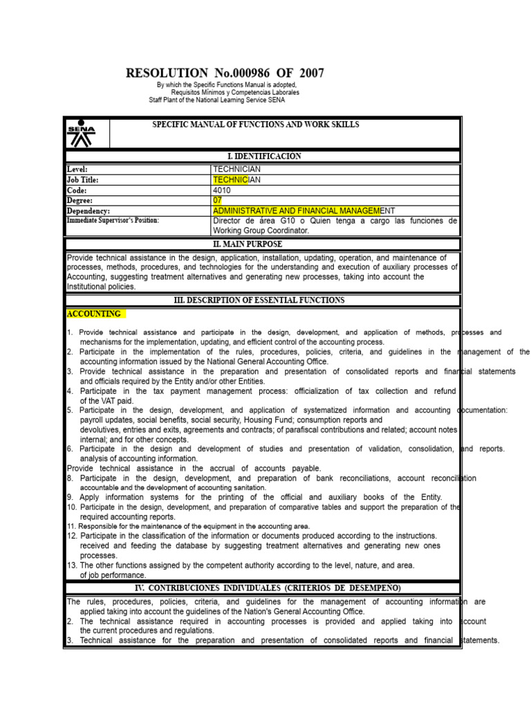 SENA Technician Functions Manual 2007 | PDF | Accounting | Engineering