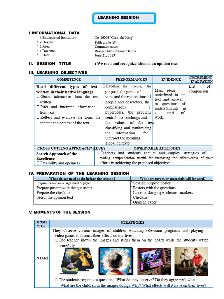 Opinion Text Reading Session Plan | PDF | Information | Reading ...