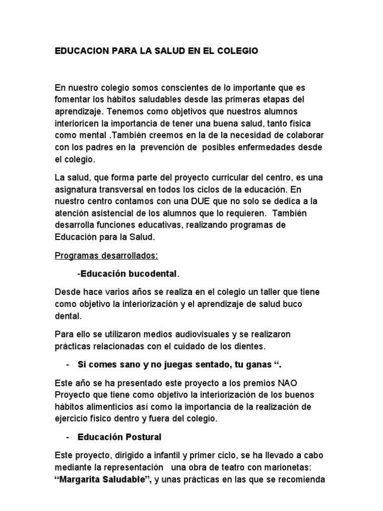 EDUCACION PARA LA SALUD EN EL COLEGIO (Apa) | PDF