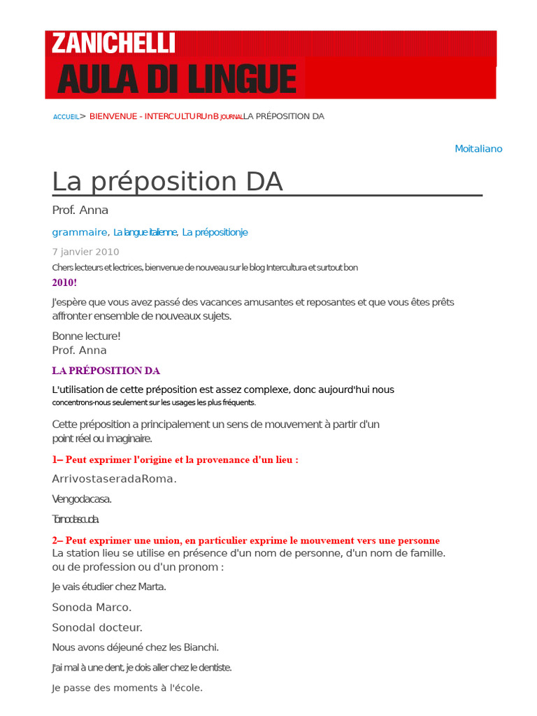 Comprendre la préposition DA en italien | PDF | Verbe | Relations ...