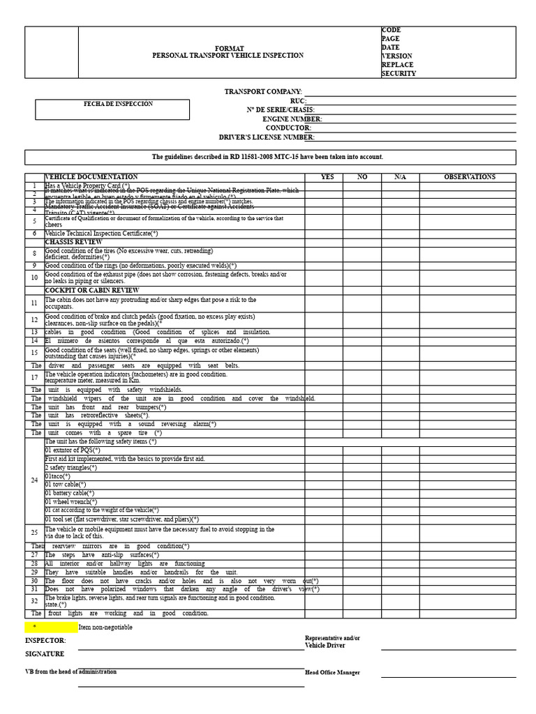 Vehicle Inspection Format For Personnel Transport (Editable) | PDF ...