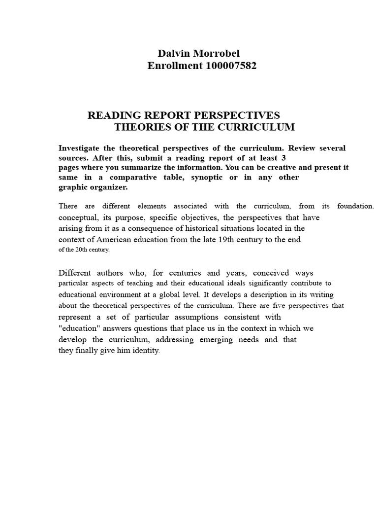 Reading Report Theoretical Perspectives of The Curriculum | PDF ...