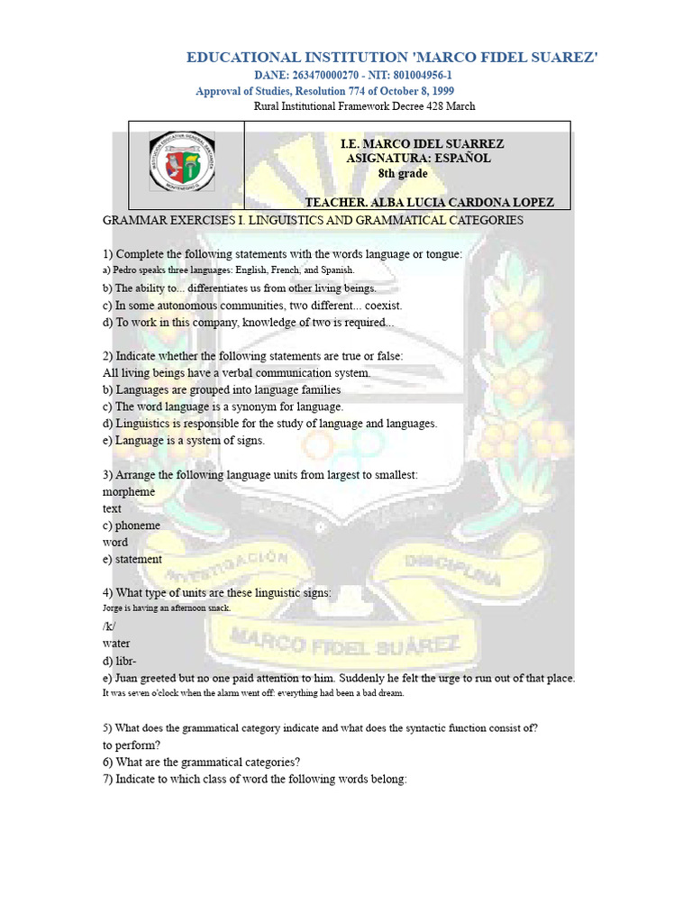 8th Grade Spanish Grammar Exercises | PDF | Linguistics | Adjective