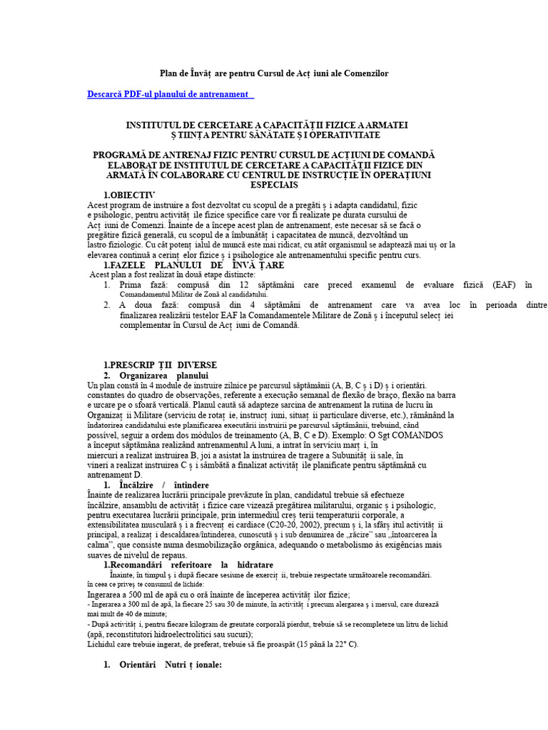 Plan de Instruire Pentru Cursul de Acțiuni de Comandă | PDF