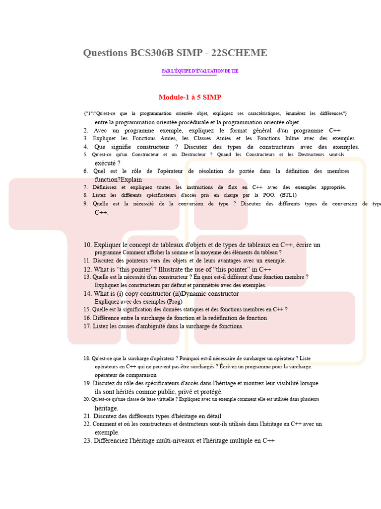Questions BCS306B sur la POO en C++ | PDF | C ++ | Programmation ...