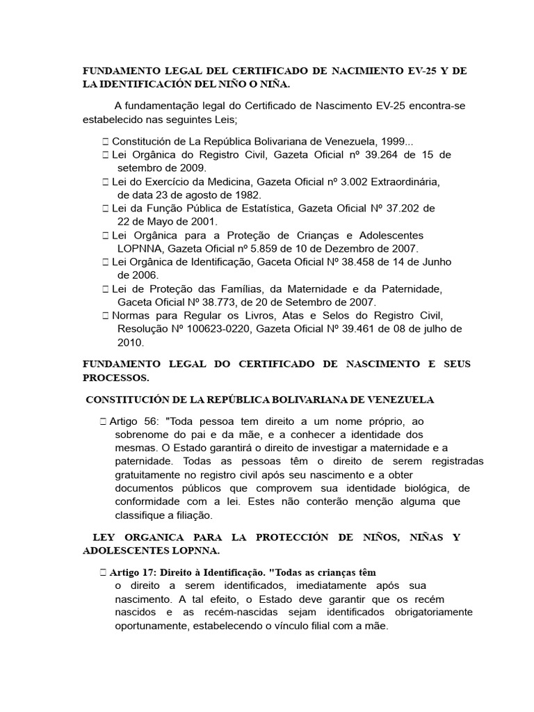 Fundamento Legal do Certificado de Nascimento Ev | PDF | Adolescência ...