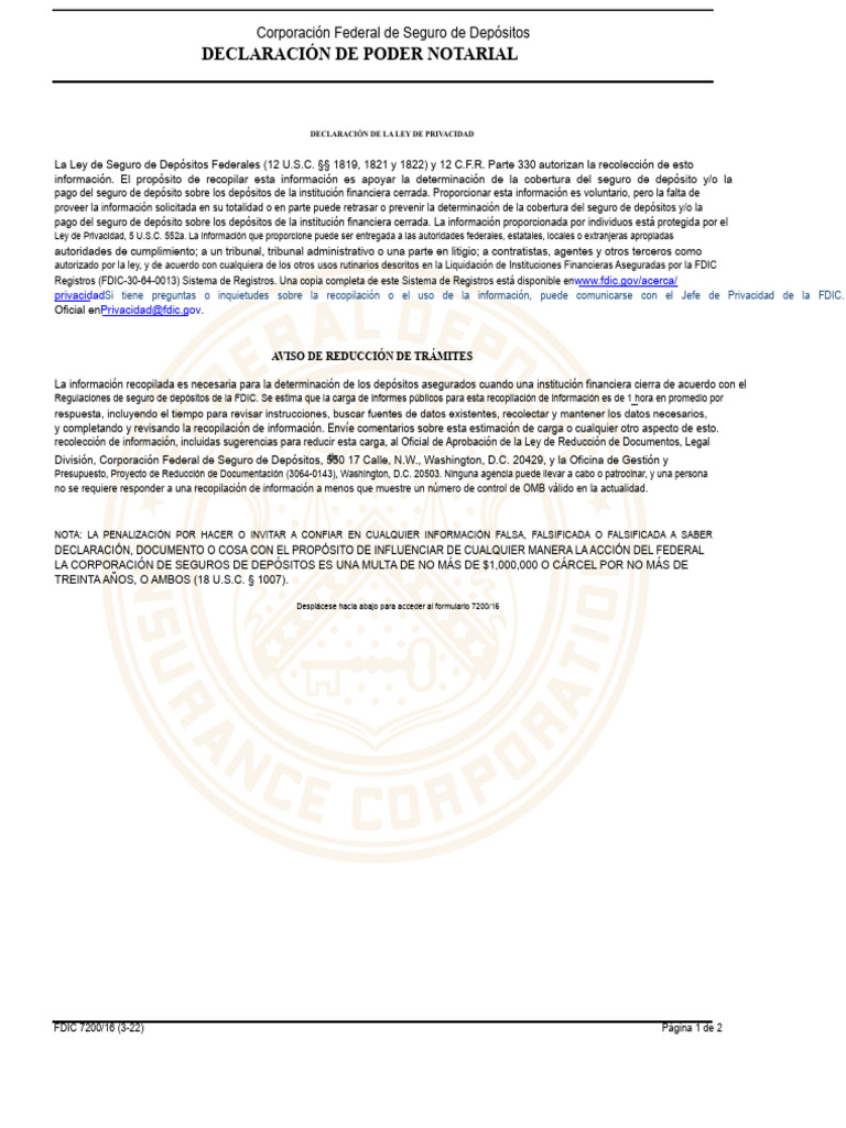 Declaración de Poder Notarial: Corporación Federal de Seguro de ...
