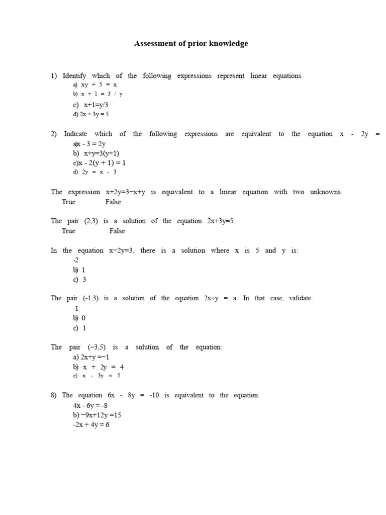 Linear Equations Assessment Guide | PDF | Equations | System Of Linear ...