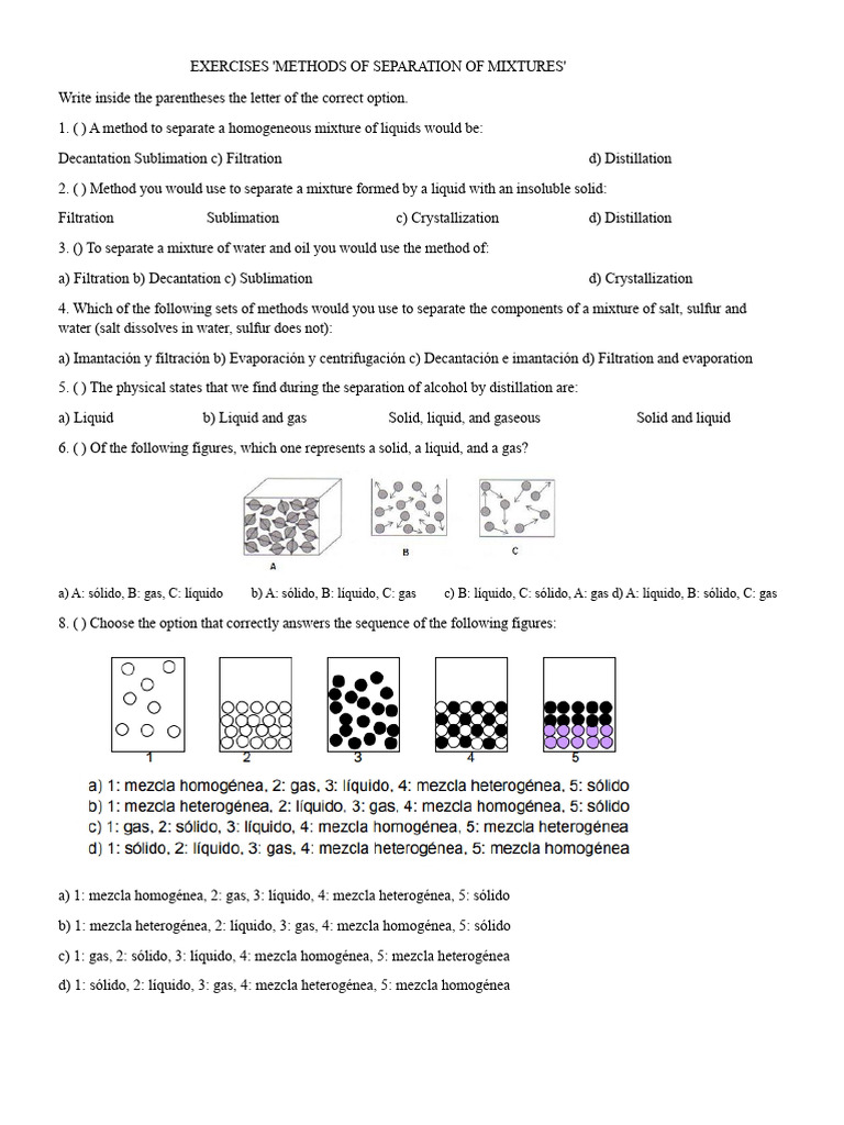 Separation Methods Practice | PDF | Mixture | Chemical Substances