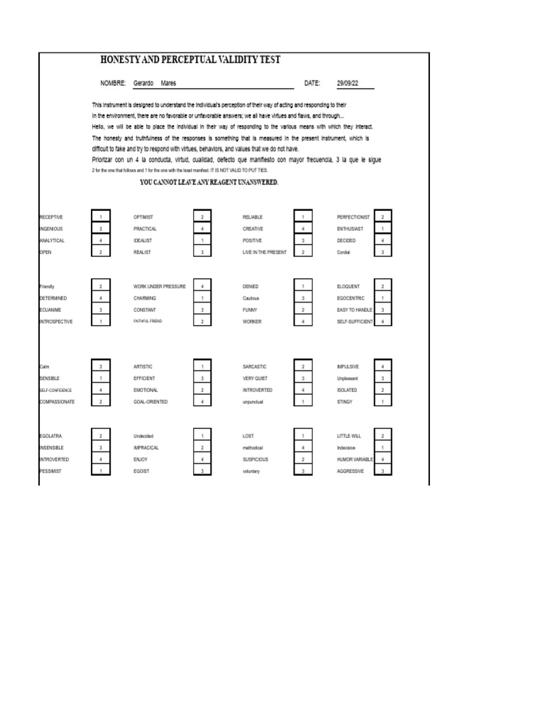 Honesty and Perceptual Validity Test | PDF | Psychology | Psychological ...