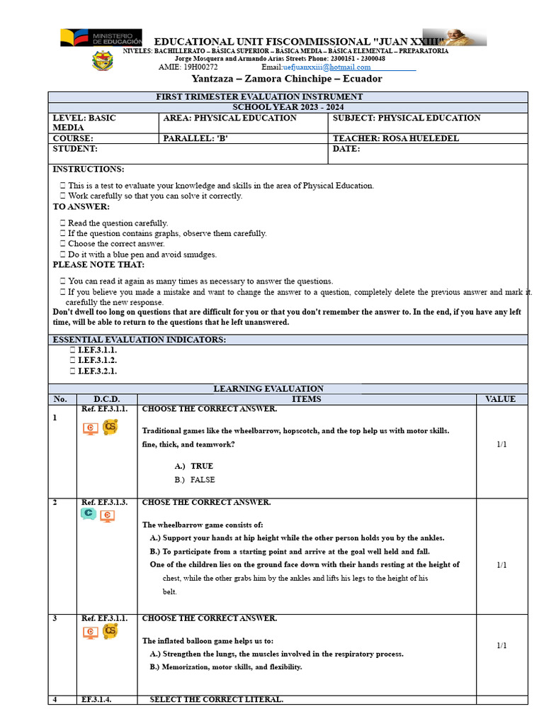 Physical Education Evaluation 2023-2024 | PDF | Multiple Choice | Learning