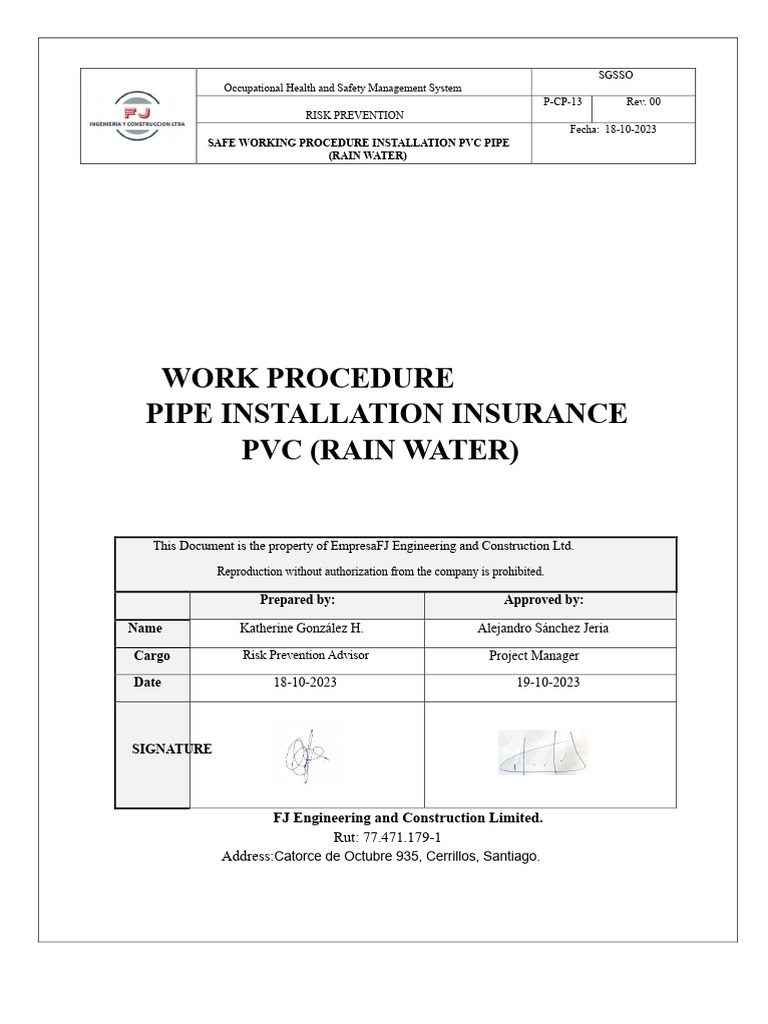 P-CP-13 Safe Work Procedure Installation of PVC Pipe (Rainwater) | PDF ...