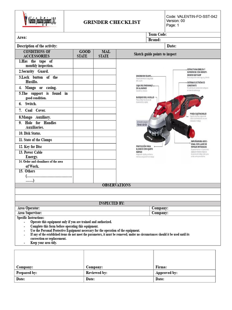 Grinder Safety Inspection Checklist | PDF | Chess Openings | Chess