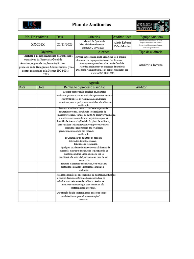 Plano de Auditoria ISO 9001:2015 | PDF | Auditoria | Auditoria interna