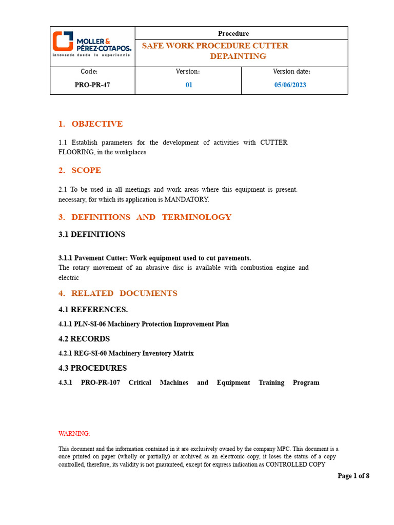 Safe Work Procedure for Pavement Cutter | PDF | Safety | Regulatory ...