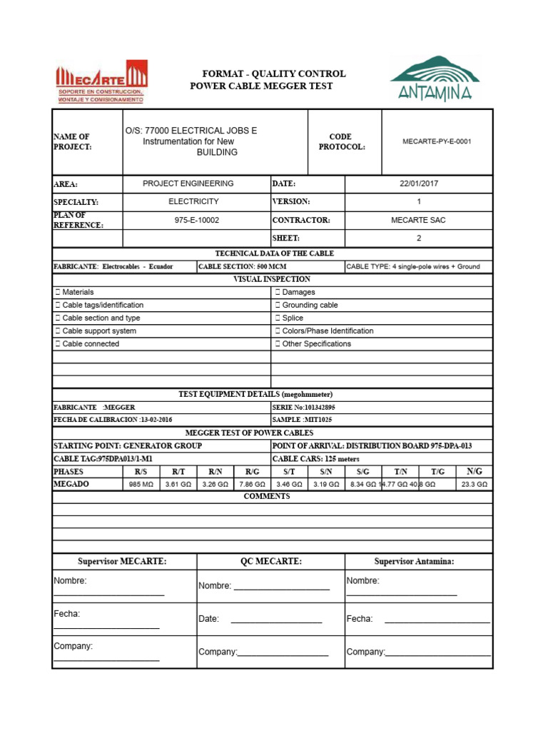 Power Cable Megger Test Protocol | PDF | Electrical Engineering ...