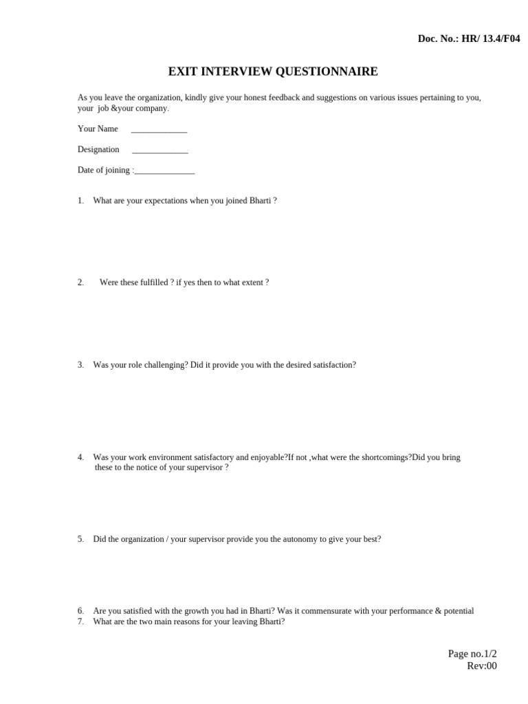 Exit Interview Questionnaire Template | PDF
