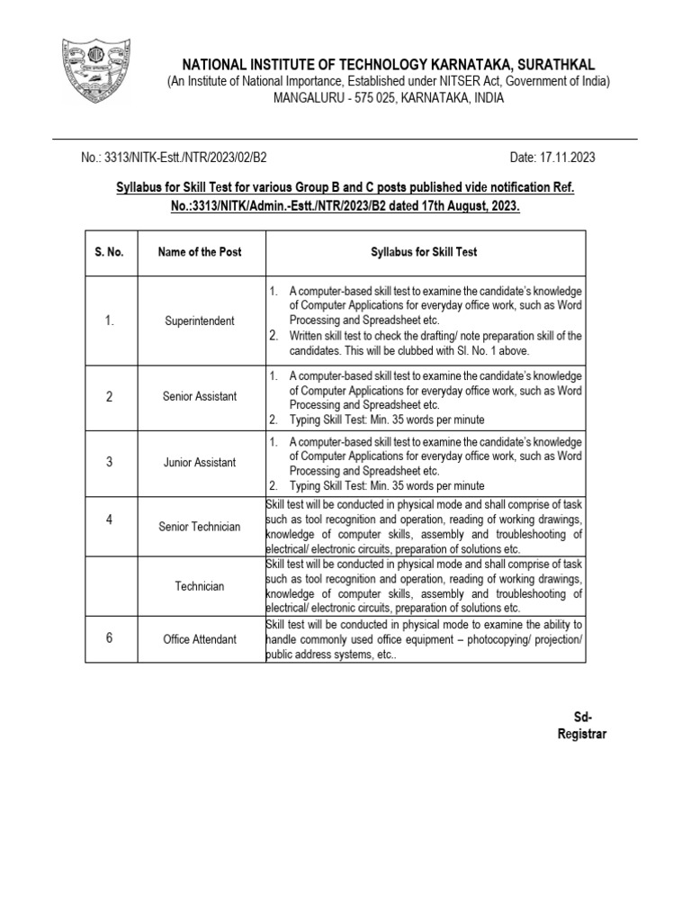 Skill Test Syllabus for Group B & C Posts | PDF