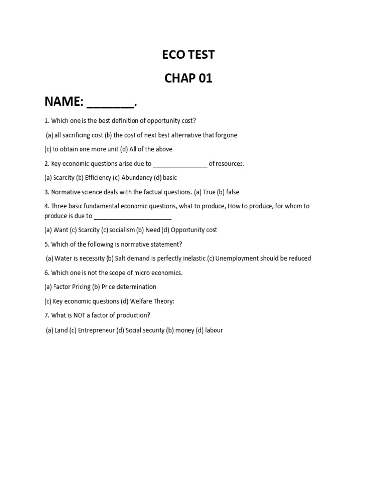 Eco Test: Opportunity Cost & Economics | PDF