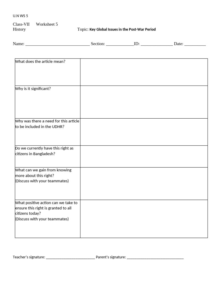 Key Global Issues Post-War Worksheet | PDF
