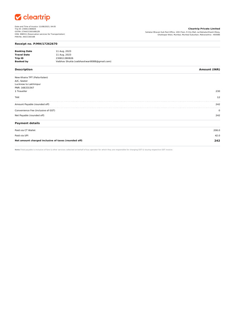Invoice for Bus Booking - Cleartrip | PDF | Taxation | Government Finances