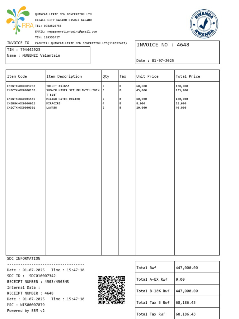 Invoice for Quincaillerie New Generation | PDF