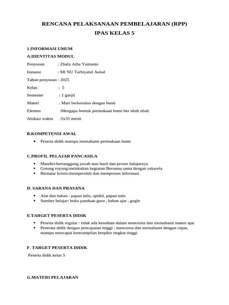 RPP Pembelajaran IPAS Kelas 5: Bumi | PDF