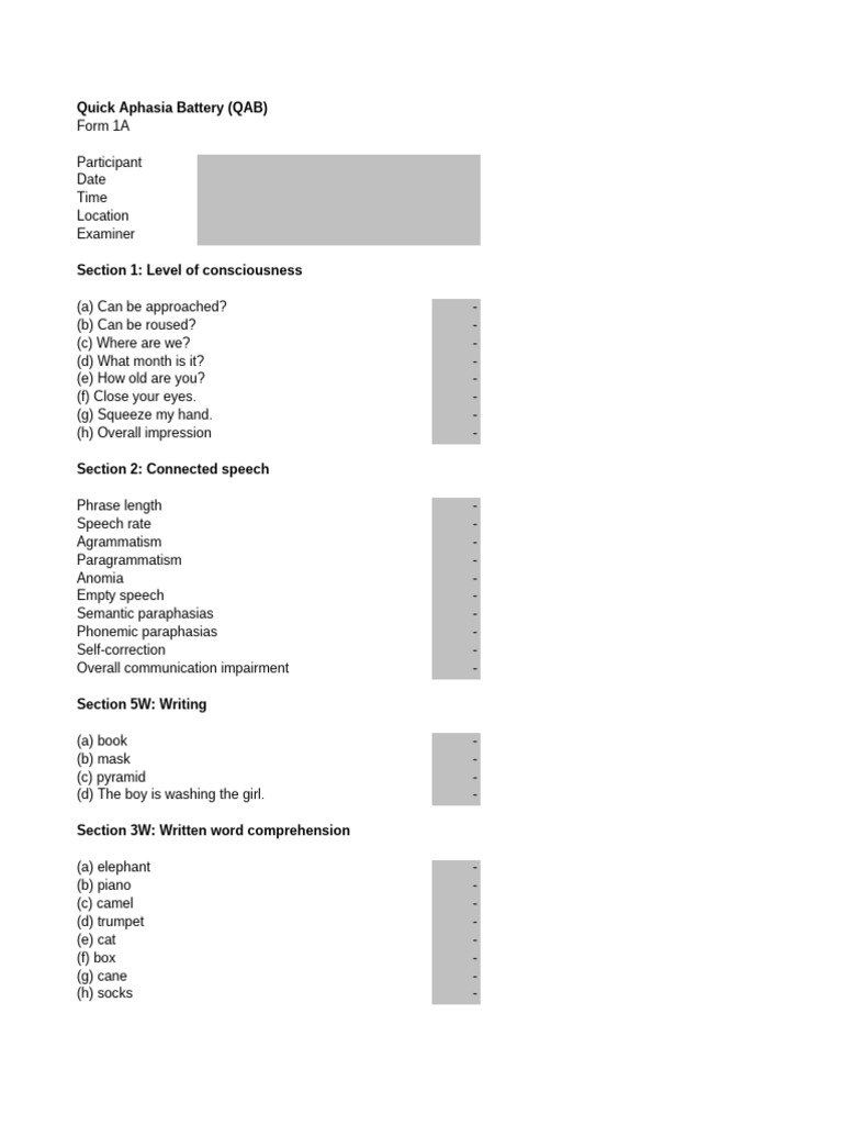 Quick Aphasia Battery Assessment Forms | PDF | Speech | Human Voice