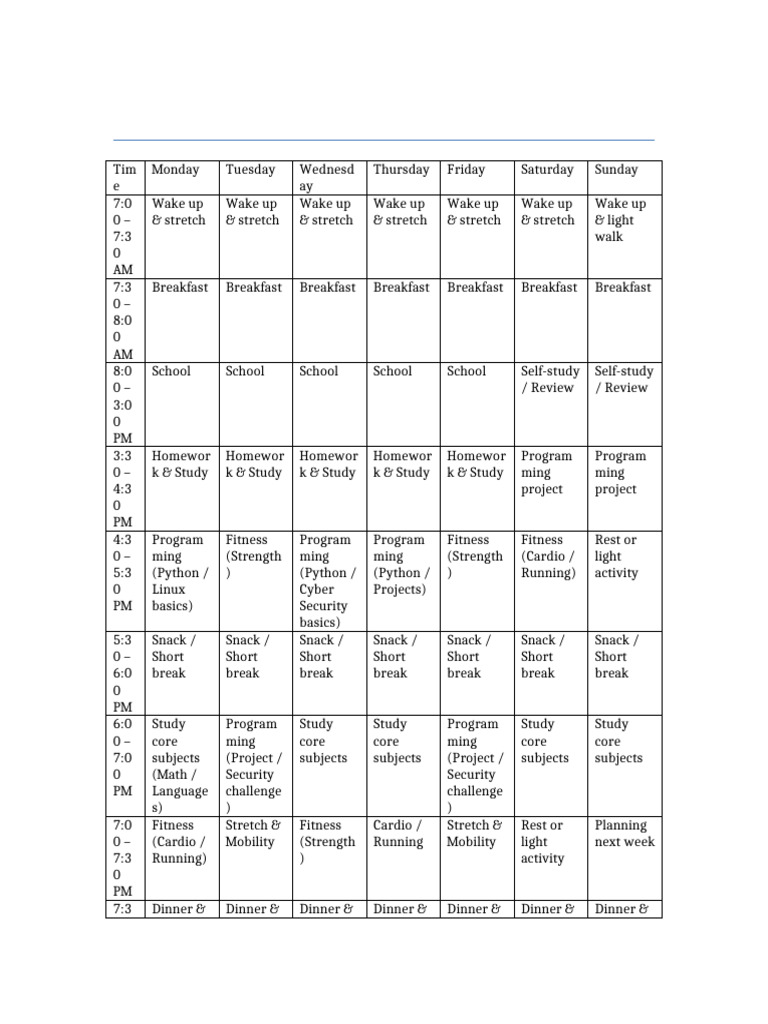 Weekly Study and Fitness Schedule | PDF
