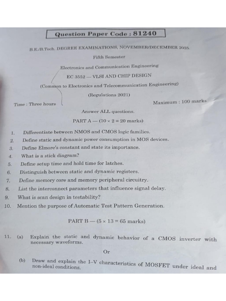 Ec3552 Vlsi and Chip Design Nov Dec 2025 Questions Paper | PDF