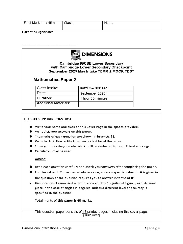 IGCSE Mathematics Mock Test Paper 2 | PDF | Length | Angle