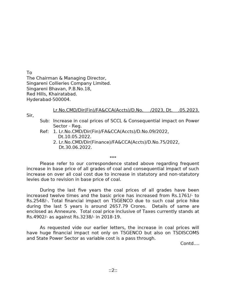 LR To SCCL CMD - Coal Prices Impact - 09.05.2023 | PDF | Payments ...
