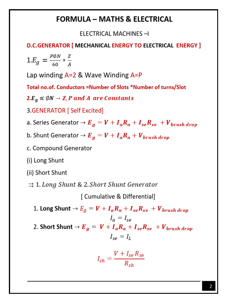 Formula - Electrical Machines - I | PDF | Electric Generator ...