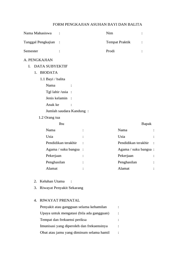 Form Pengkajian Asuhan Bayi Balita | PDF